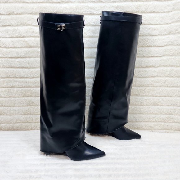Paris Black Skirted Fold Over 3.5" Block Heel Knee High Boots - Picture 7 of 11